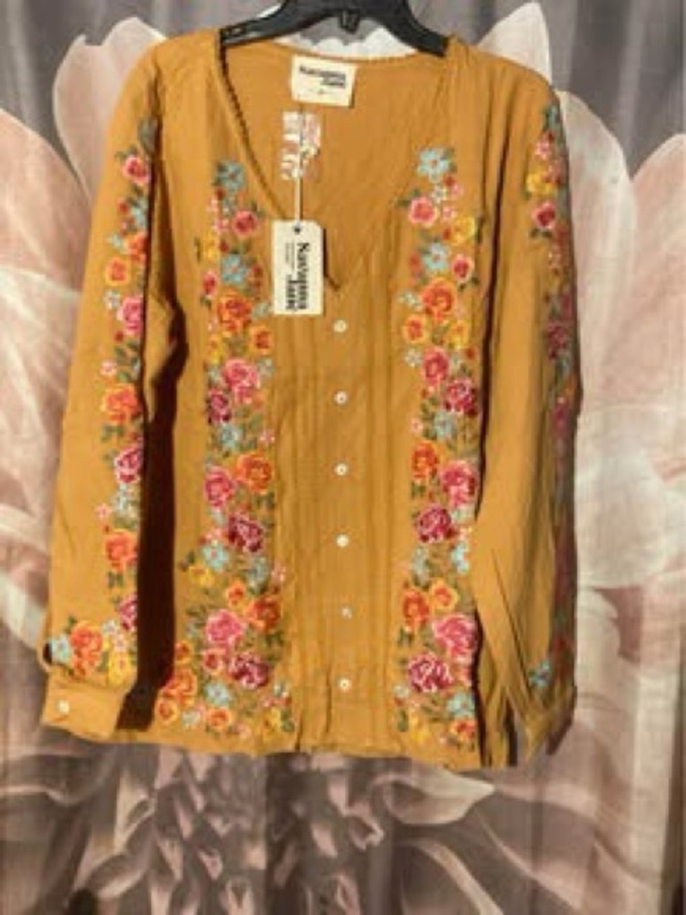 Savanna Jane Mustard Floral Embroidered Button-Up Blouse